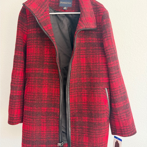 Pendleton Jackets & Blazers - Pendleton Red and Black Plaid Zip-Front Wool Pea Coat